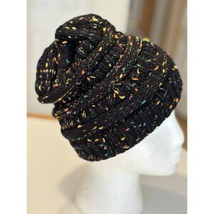 Black Knit Slouchy Ponytail Beanie with Multicolor Confetti Specks Winter Hat